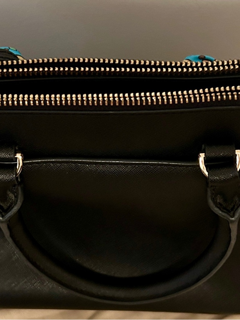 Tory Burch dark Navy Leather Satchel with Turquoise Scarf-Wrapped Handle - Picture 4 of 8